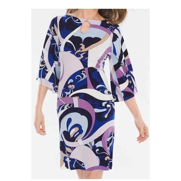 Chicos Women's Dress Size 0 Abstract Print Keyhole Neckline Bell Sleeve - Picture 1 of 12